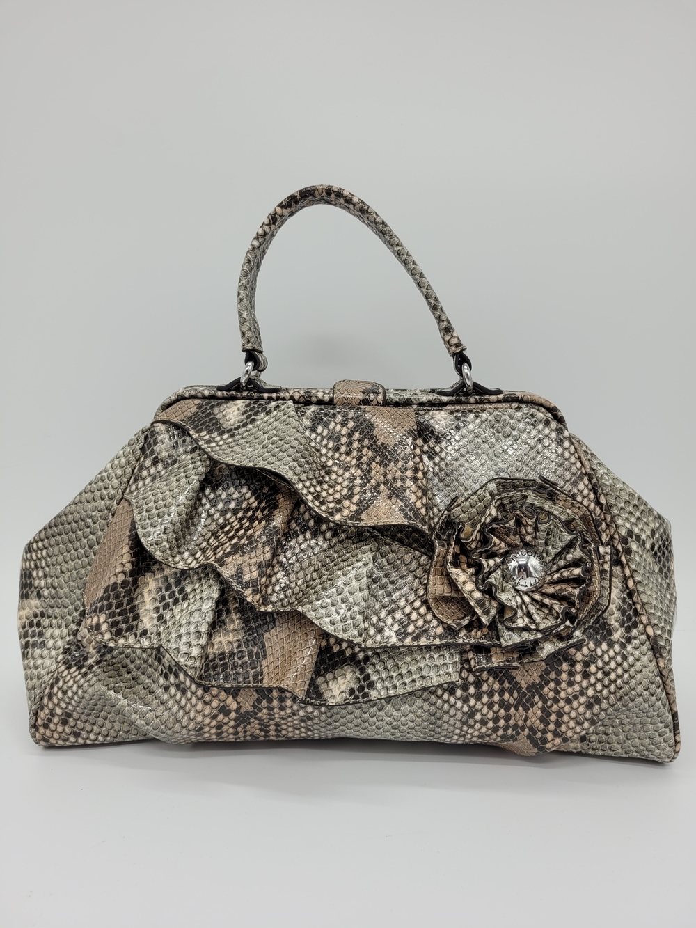 Nicole Miller Faux Snakeskin Top Handle Bag Ruffle Beige Black Python Y2K Purse
